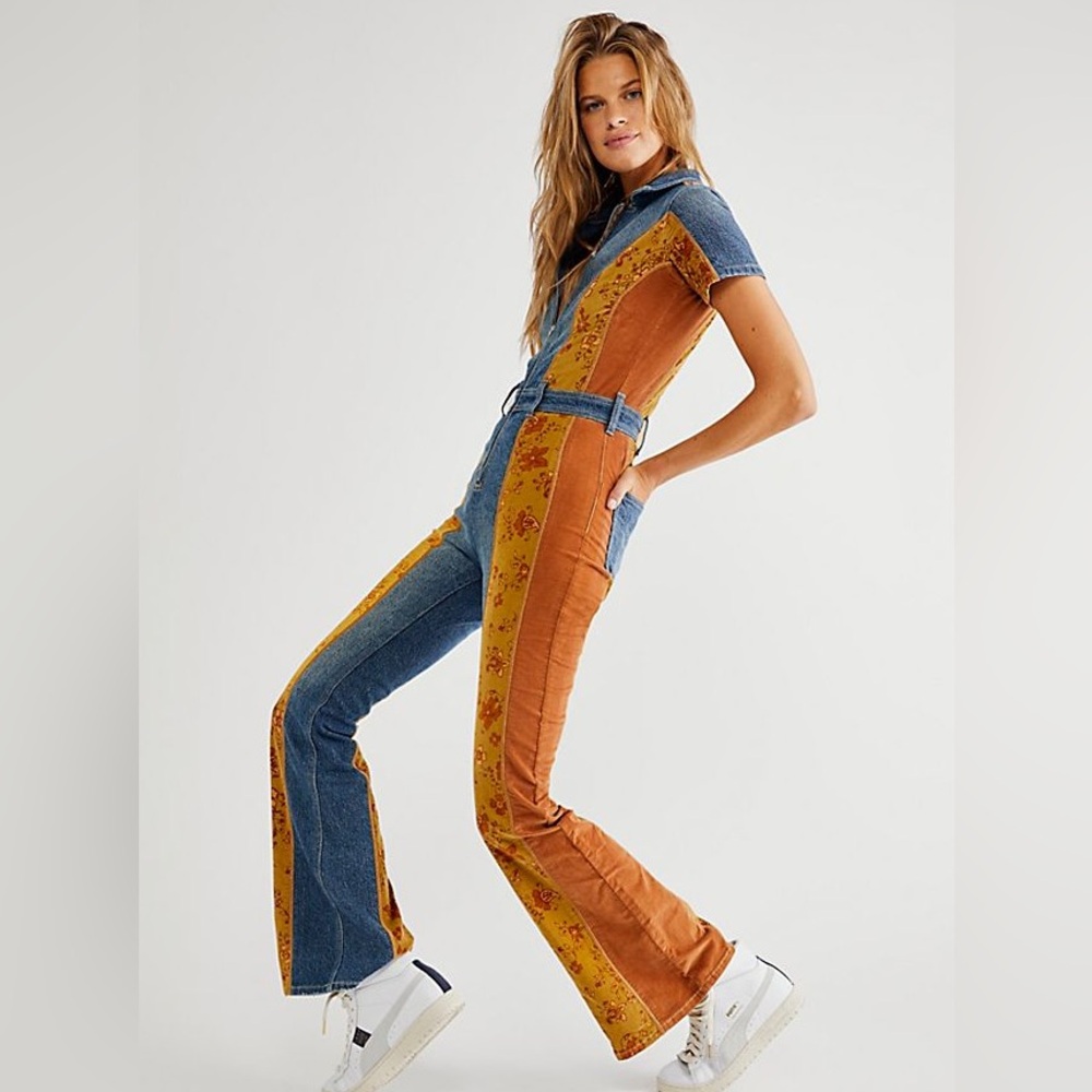 FREE PEOPLE PATCHED JUMPSUIT HOMETOWN RETRO COVERALLS